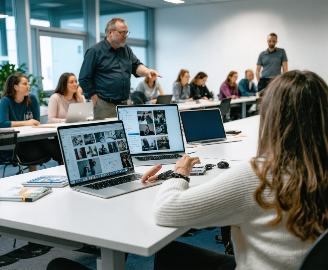 Teilnehmer in einem modernen Seminarraum in Berlin arbeiten gemeinsam an KI-Lösungen