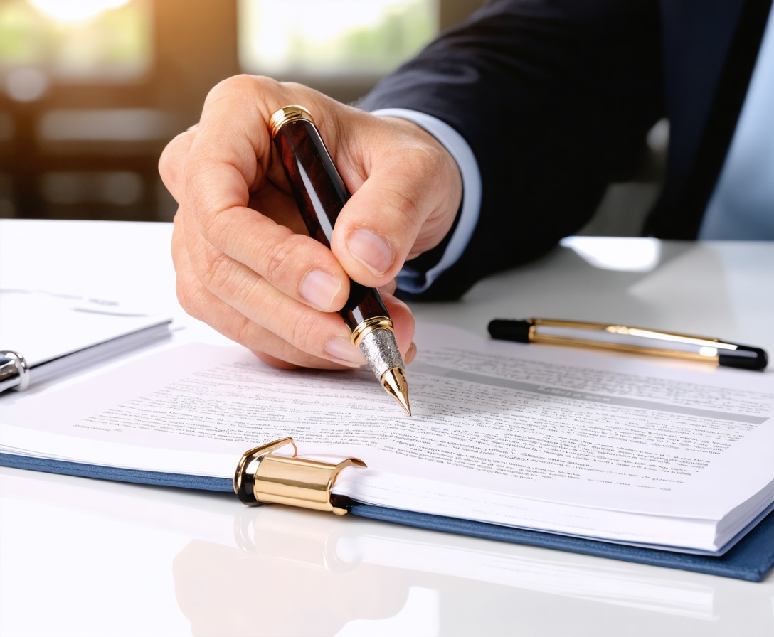 Nahaufnahme einer Hand, die mit einem hochwertigen Füllfederhalter einen Vertrag unterzeichnet