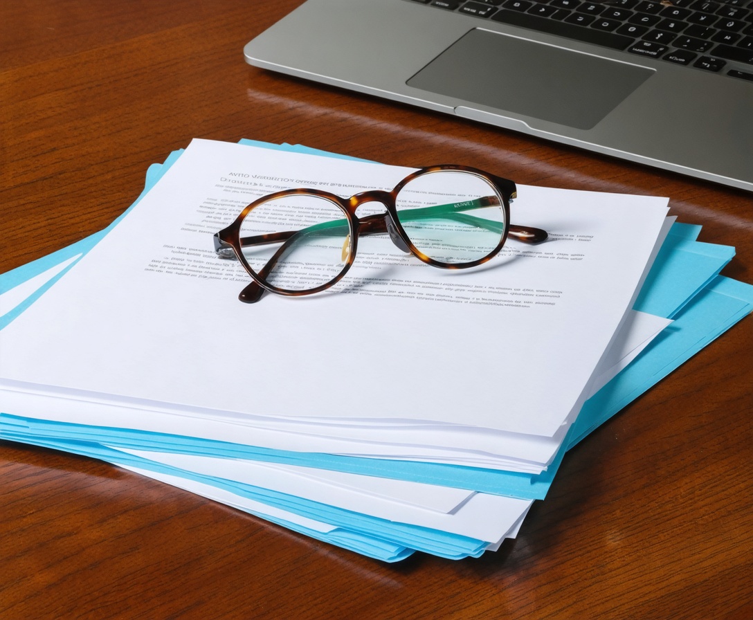 Organisierte Dokumentenmappen auf einem Holztisch, die rechtliche Unterlagen und Datenschutzrichtlinien symbolisieren