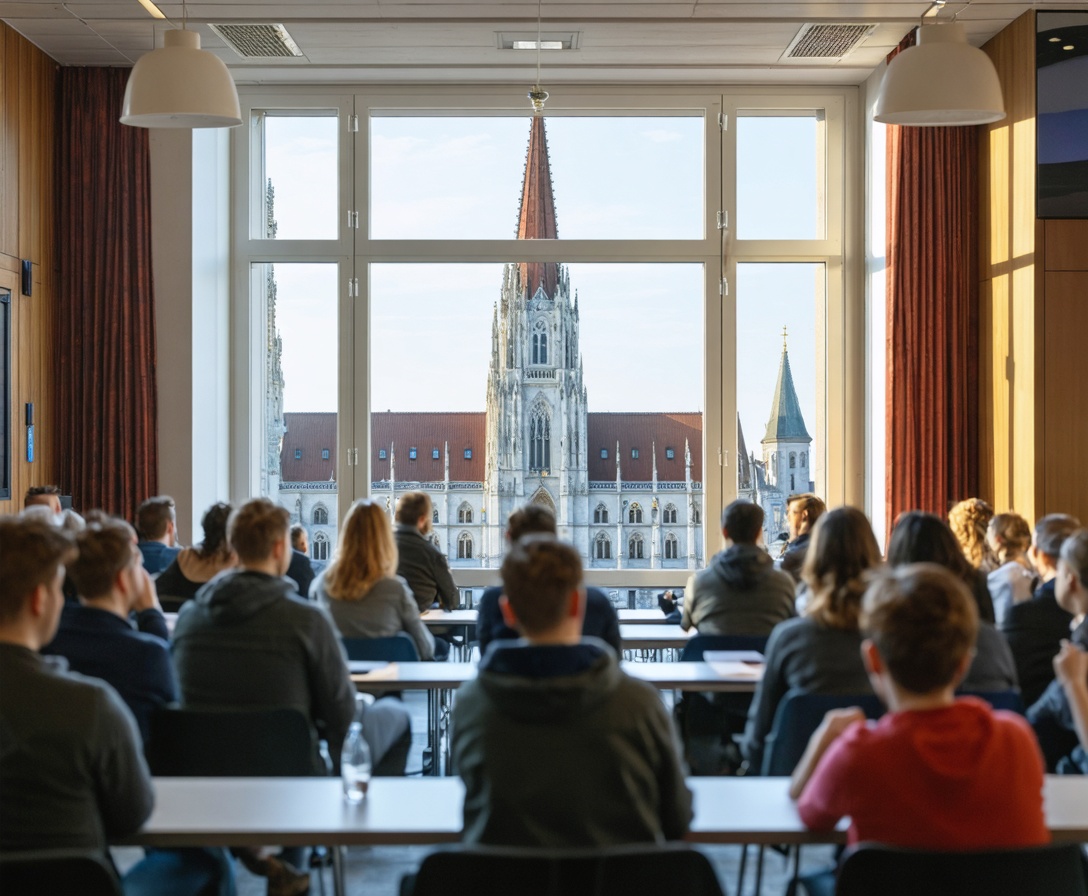 Ein heller Seminarraum in München mit Blick auf die Stadt, ideal für Führungskräfte-Workshops